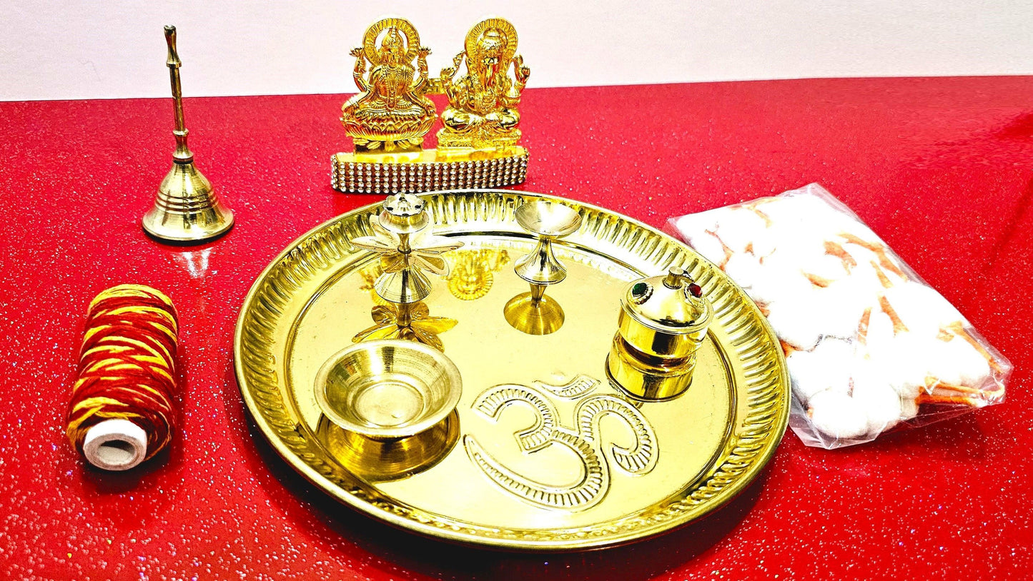 Brass OM Pooja / Puja Aarti Tray Set , With Rare Ganesh Lakshmi Statue