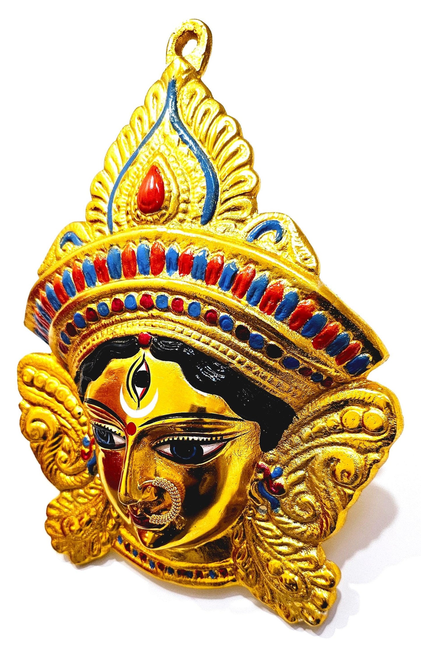 SIZE-M Goddess Durga ( Kali ) Rare Gold Chrome Wall Hanging Face With Nose Ring