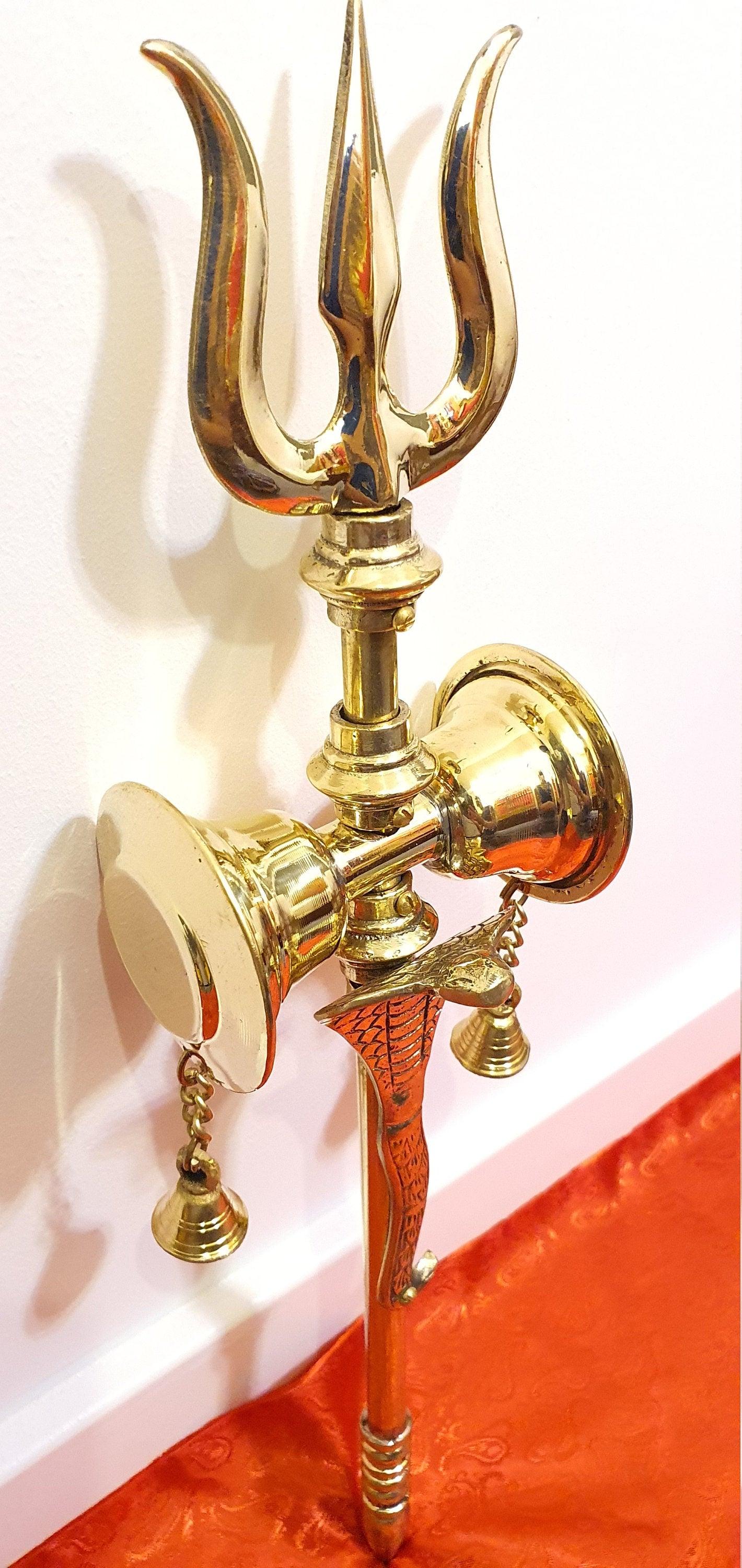 Lord Shiva 19 inch tall Brass Trishul ( Trident ) with Damaru and Snake ( Nag )