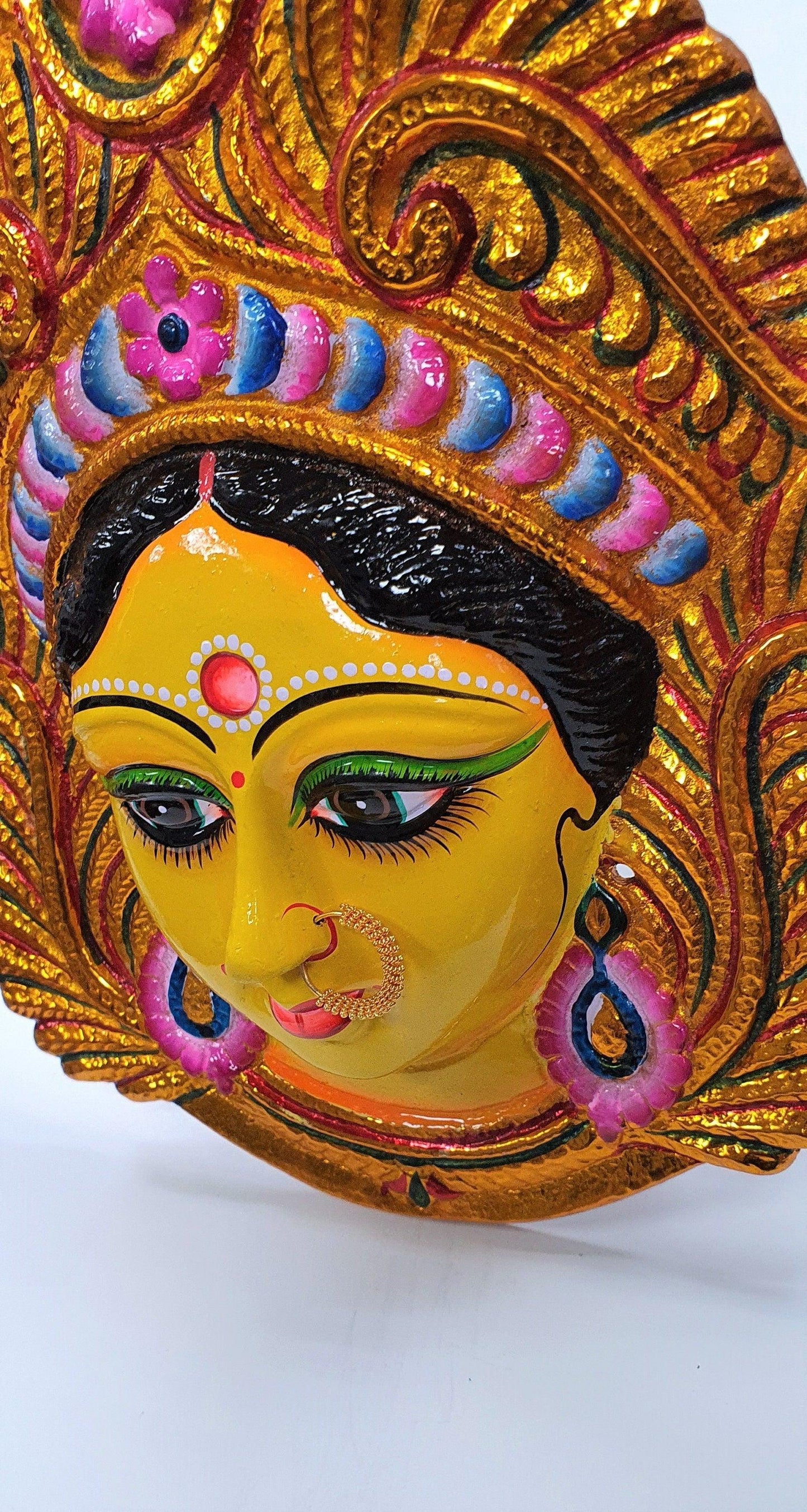 LARGE Rare Goddess Durga Wall Hanging Face With Nose Ring , Solid Alloy