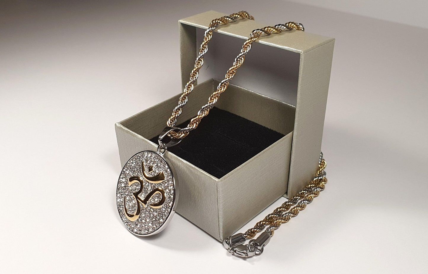 Hindu Om/Aum Silver + Gold Plated Pendent , 2 tone colour Chain with Gift Box