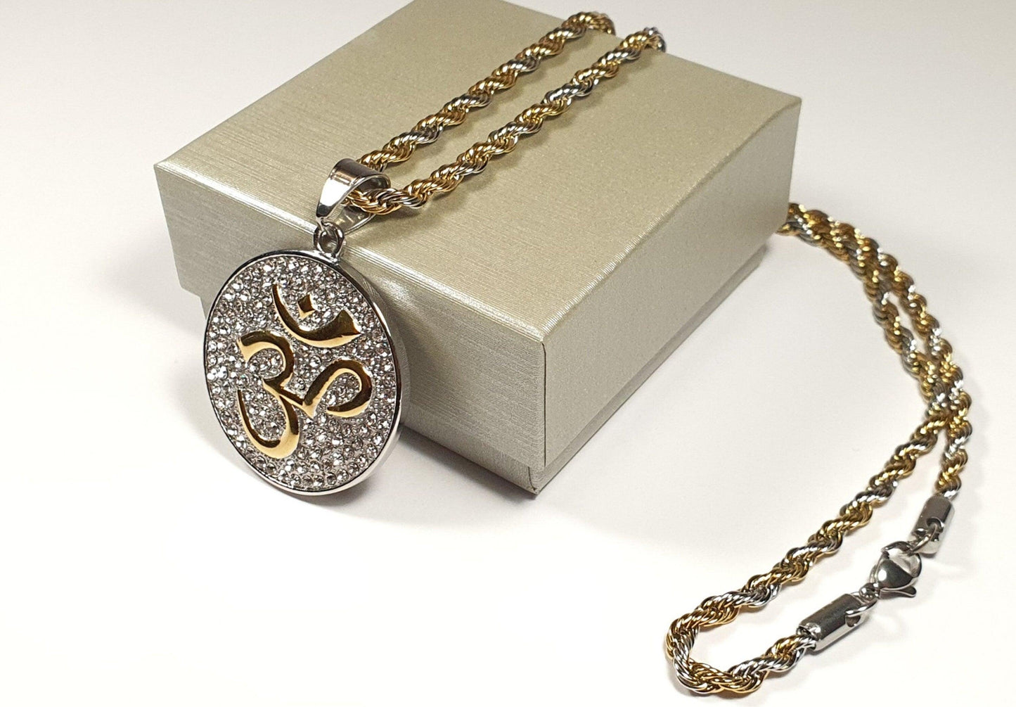 Hindu Om/Aum Silver + Gold Plated Pendent , 2 tone colour Chain with Gift Box