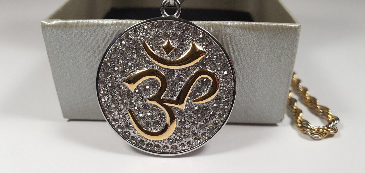 Hindu Om/Aum Silver + Gold Plated Pendent , 2 tone colour Chain with Gift Box
