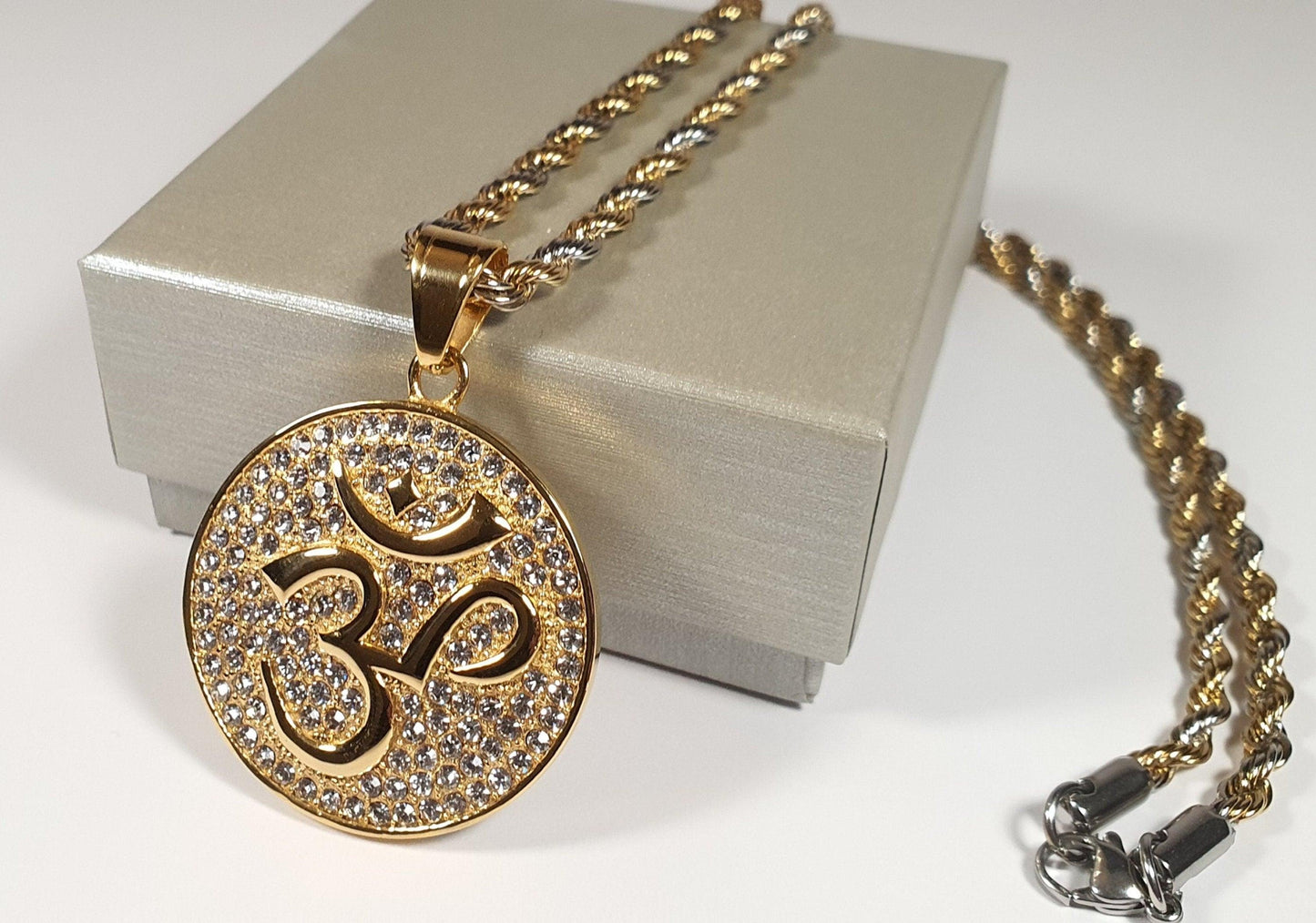 Hindu Om/Aum Silver + Gold Plated Pendent , 2 tone colour Chain with Gift Box