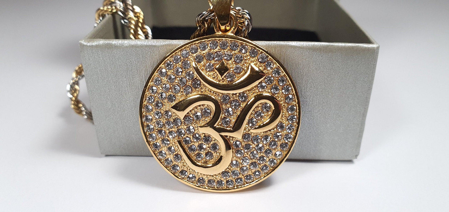 Hindu Om/Aum Silver + Gold Plated Pendent , 2 tone colour Chain with Gift Box