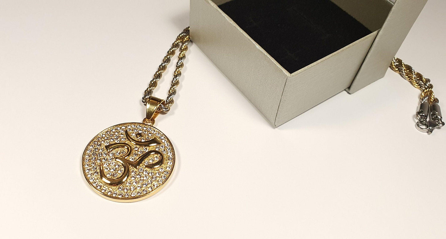 Hindu Om/Aum Silver + Gold Plated Pendent , 2 tone colour Chain with Gift Box