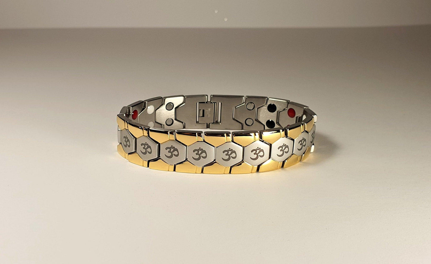 Hindu OM/AUM Logo 2 tone Silver + Gold Magnetic Bracelet with Luxury Gift Box