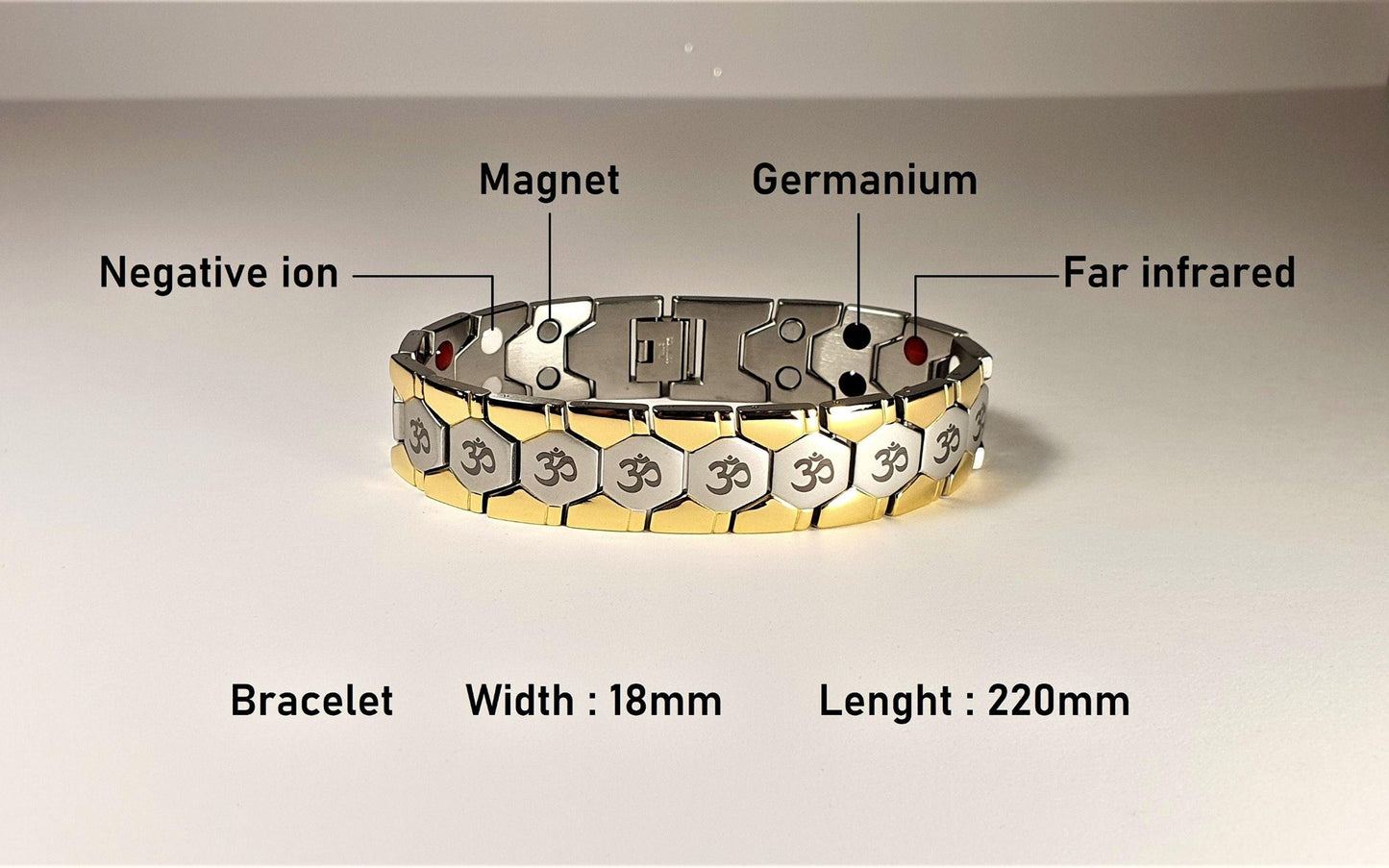 Hindu OM/AUM Logo 2 tone Silver + Gold Magnetic Bracelet with Luxury Gift Box