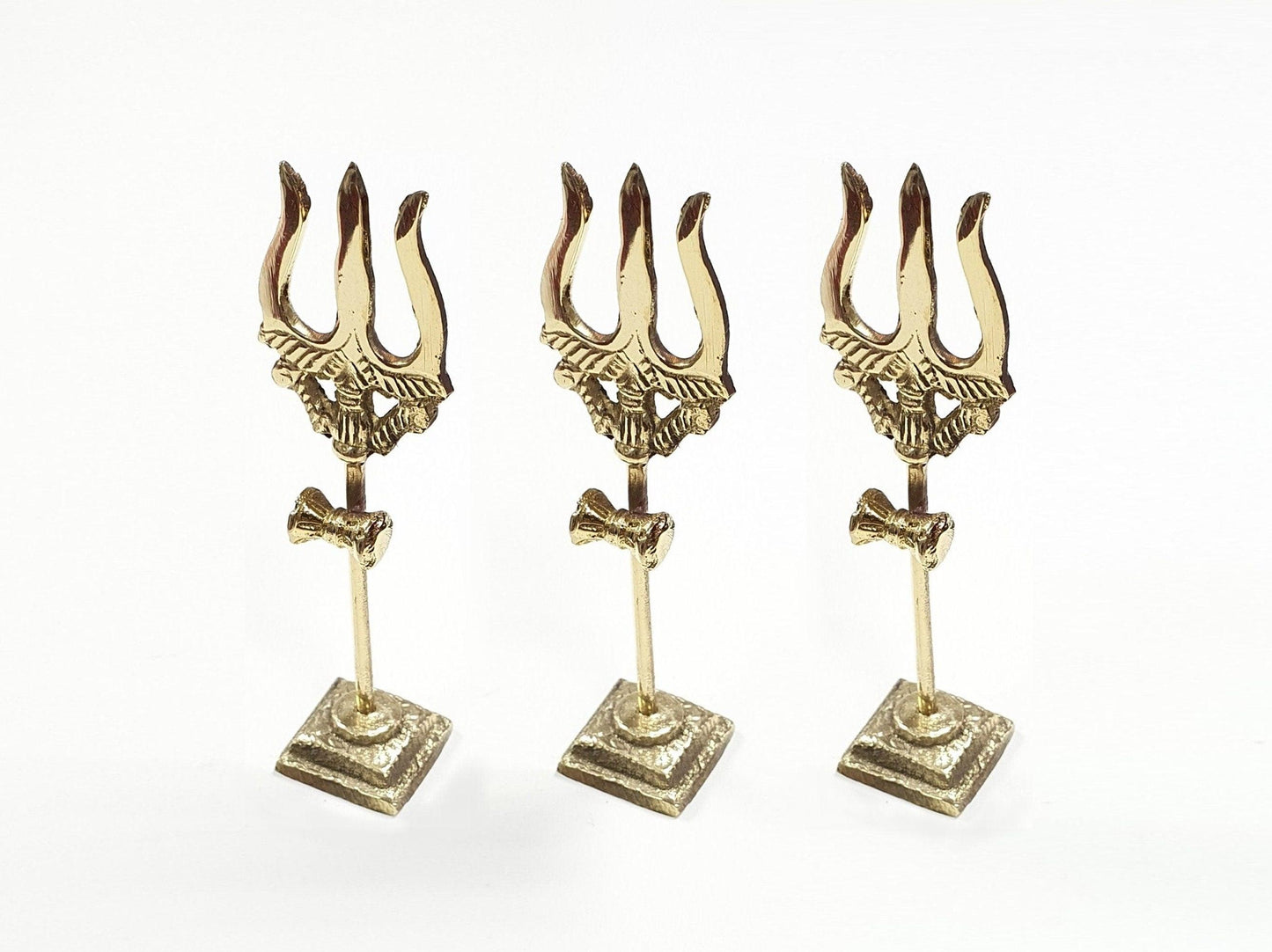 3 x Lord Shiva Brass standing Trishul ( Trident ) with attached Damaru