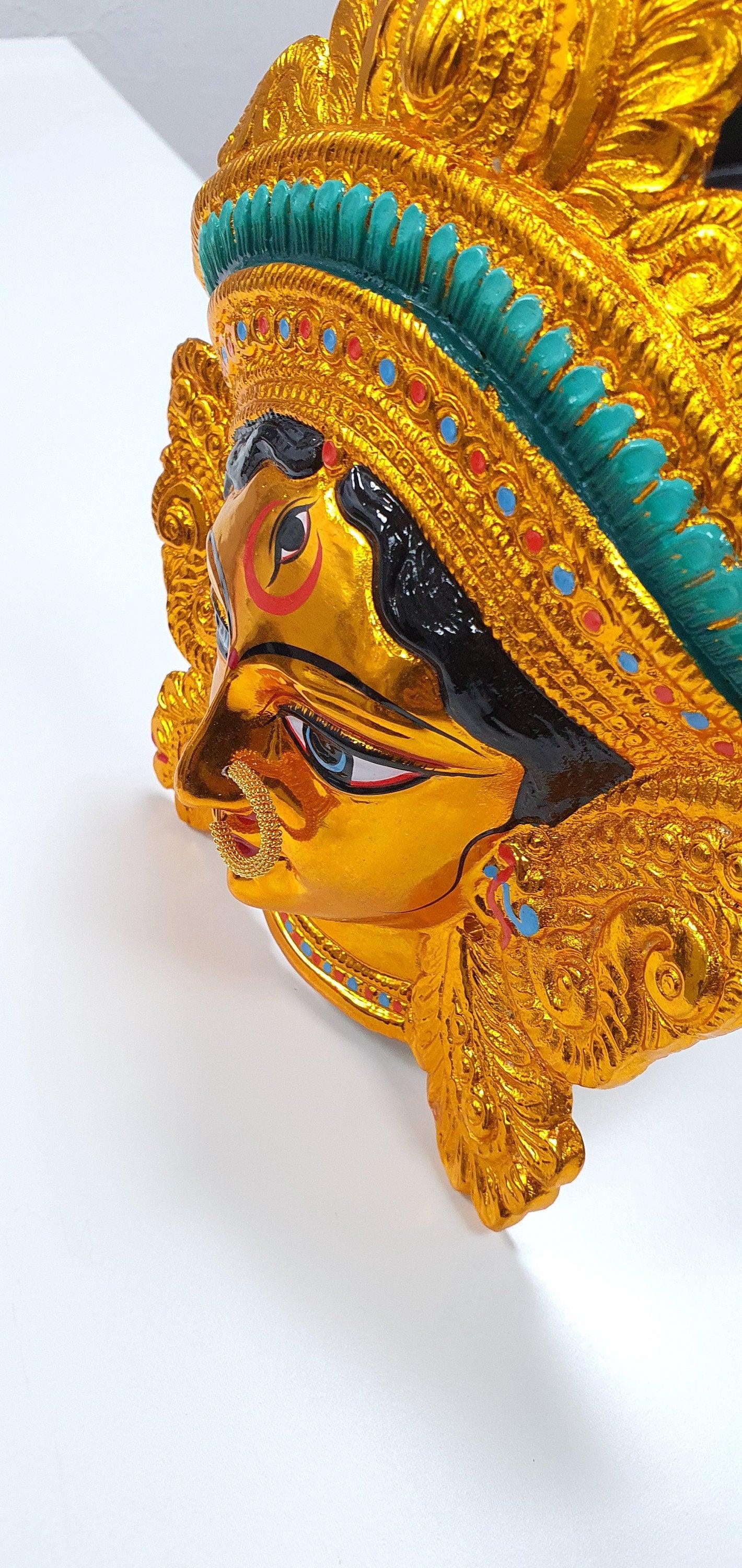 SIZE-M Goddess Durga ( Kali ) Rare Gold Chrome Wall Hanging Face With Nose Ring