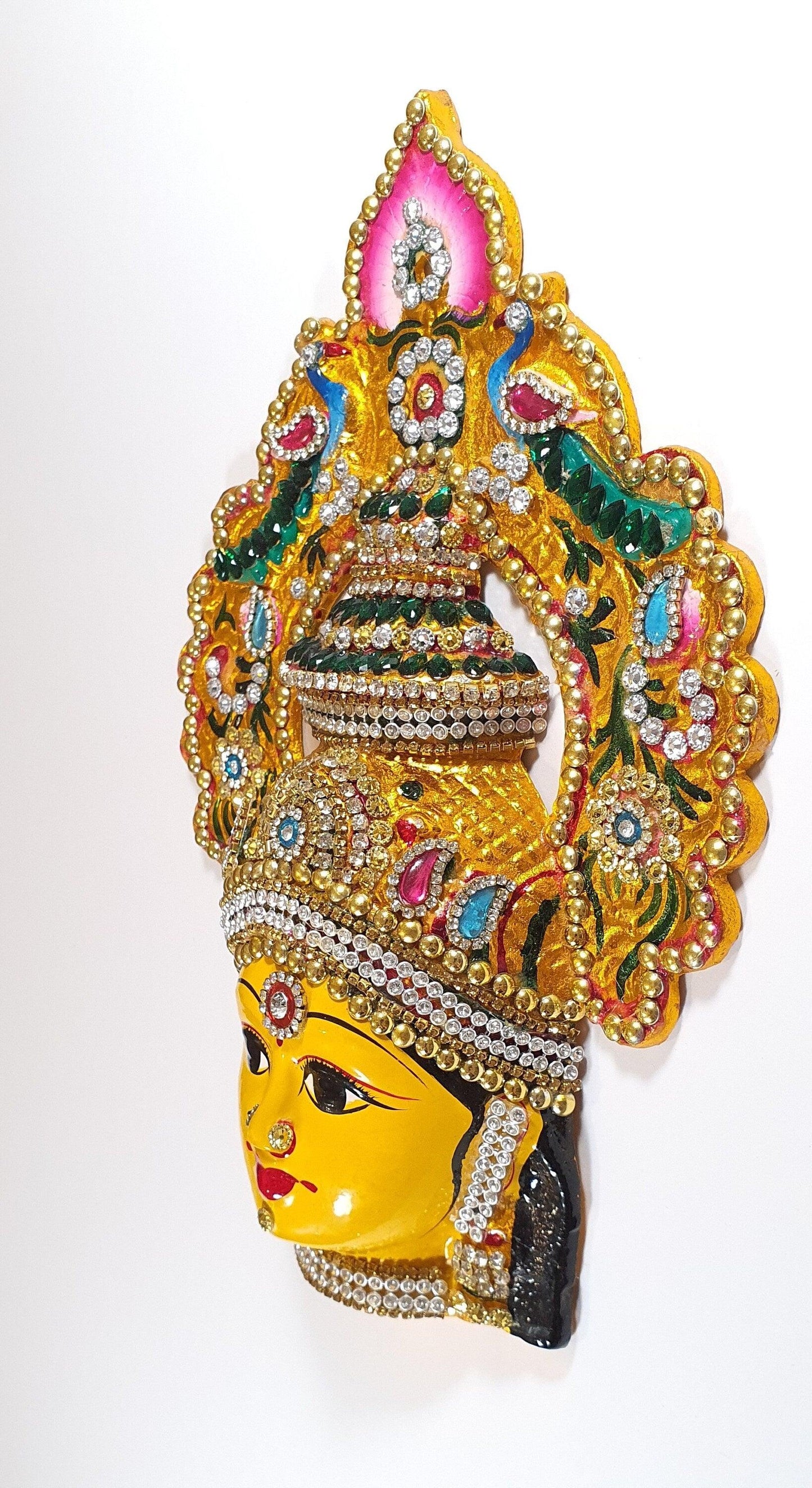 Goddess Lakshmi ( For Varalakshmi Pooja , Diwali or Wall Hanging ) Face , Stone decorated, Solid Alloy , Built to Last
