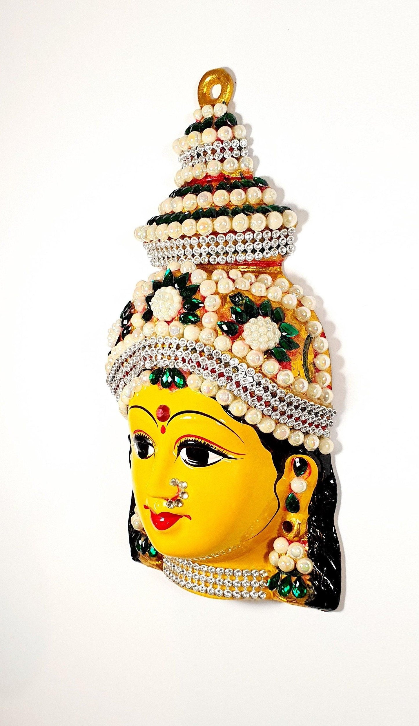 Goddess Lakshmi ( For Varalakshmi Pooja , Diwali or Wall Hanging ) Face , Stone decorated, Solid Alloy , Built to Last