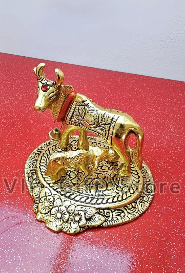 Kamdhenu Cow And Calf Statue , Gold Plated