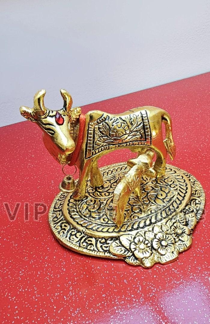 Kamdhenu Cow And Calf Statue , Gold Plated