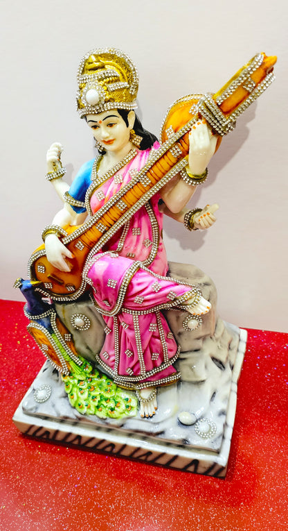 Goddess Mata Saraswati Rare Stone Hand Decorated Statue