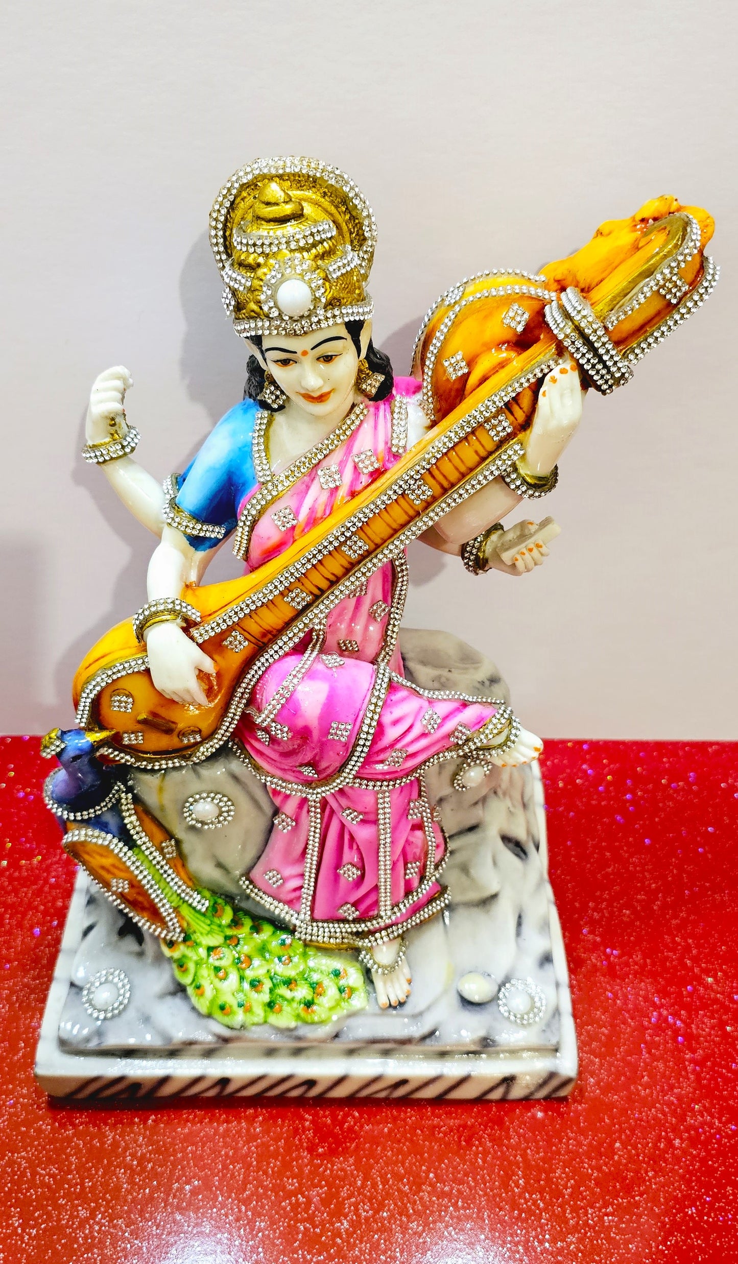 Goddess Mata Saraswati Rare Stone Hand Decorated Statue