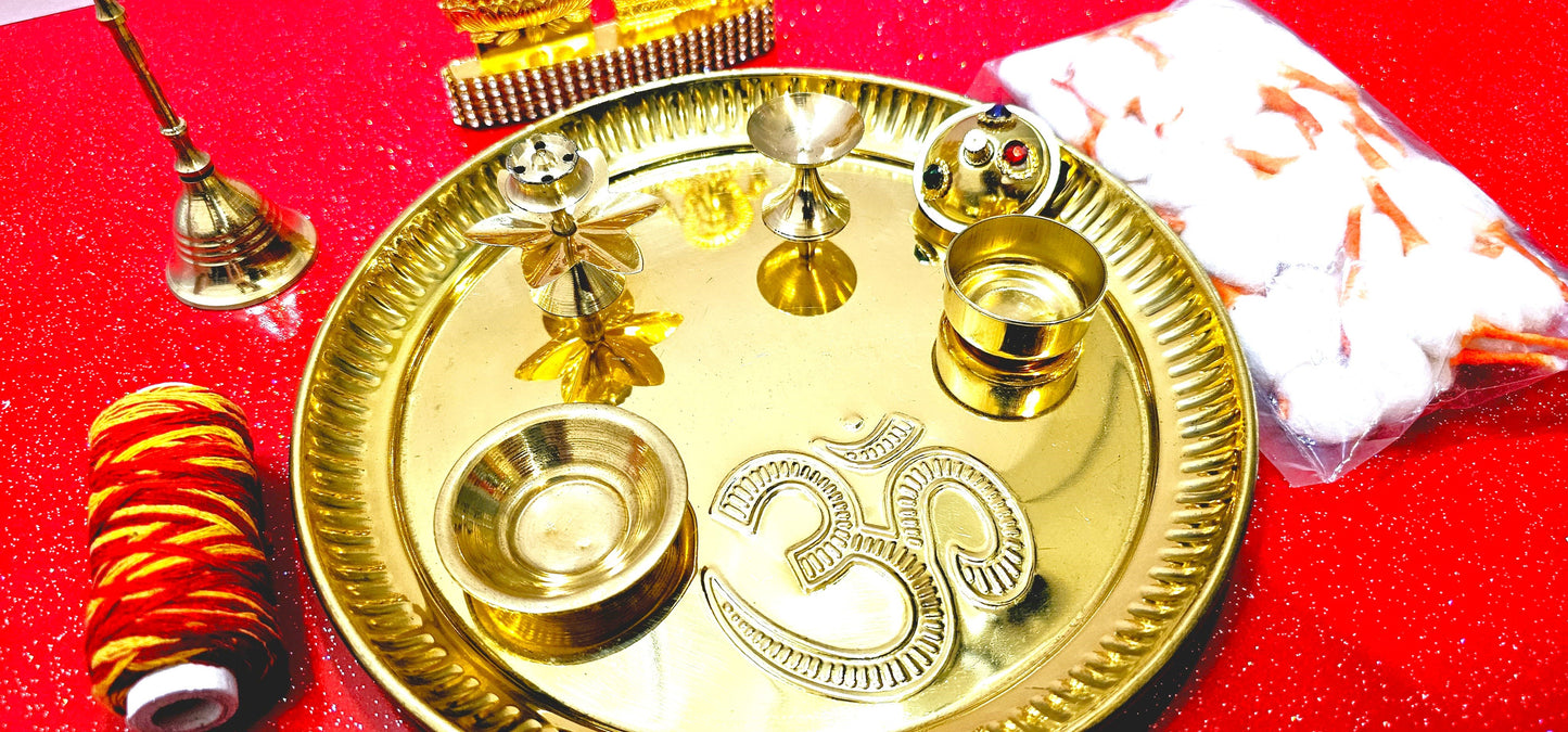 Brass OM Pooja / Puja Aarti Tray Set , With Rare Ganesh Lakshmi Statue