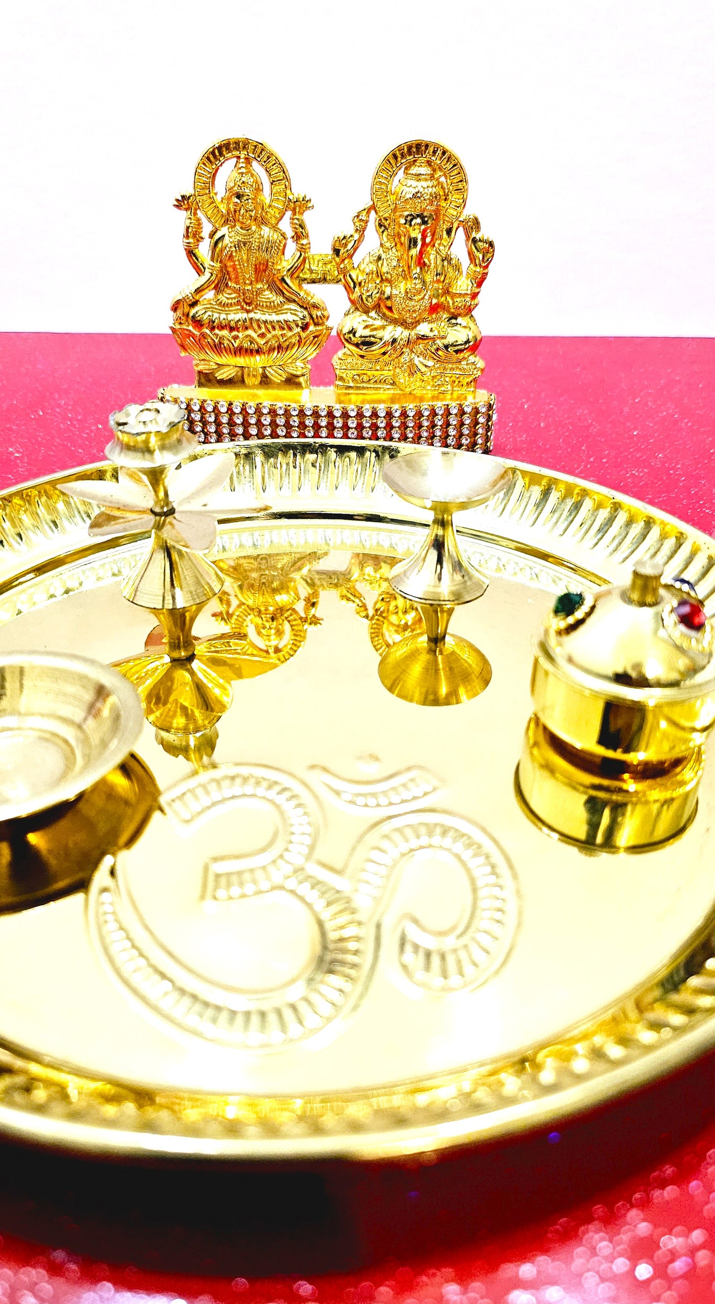 Brass OM Pooja / Puja Aarti Tray Set , With Rare Ganesh Lakshmi Statue