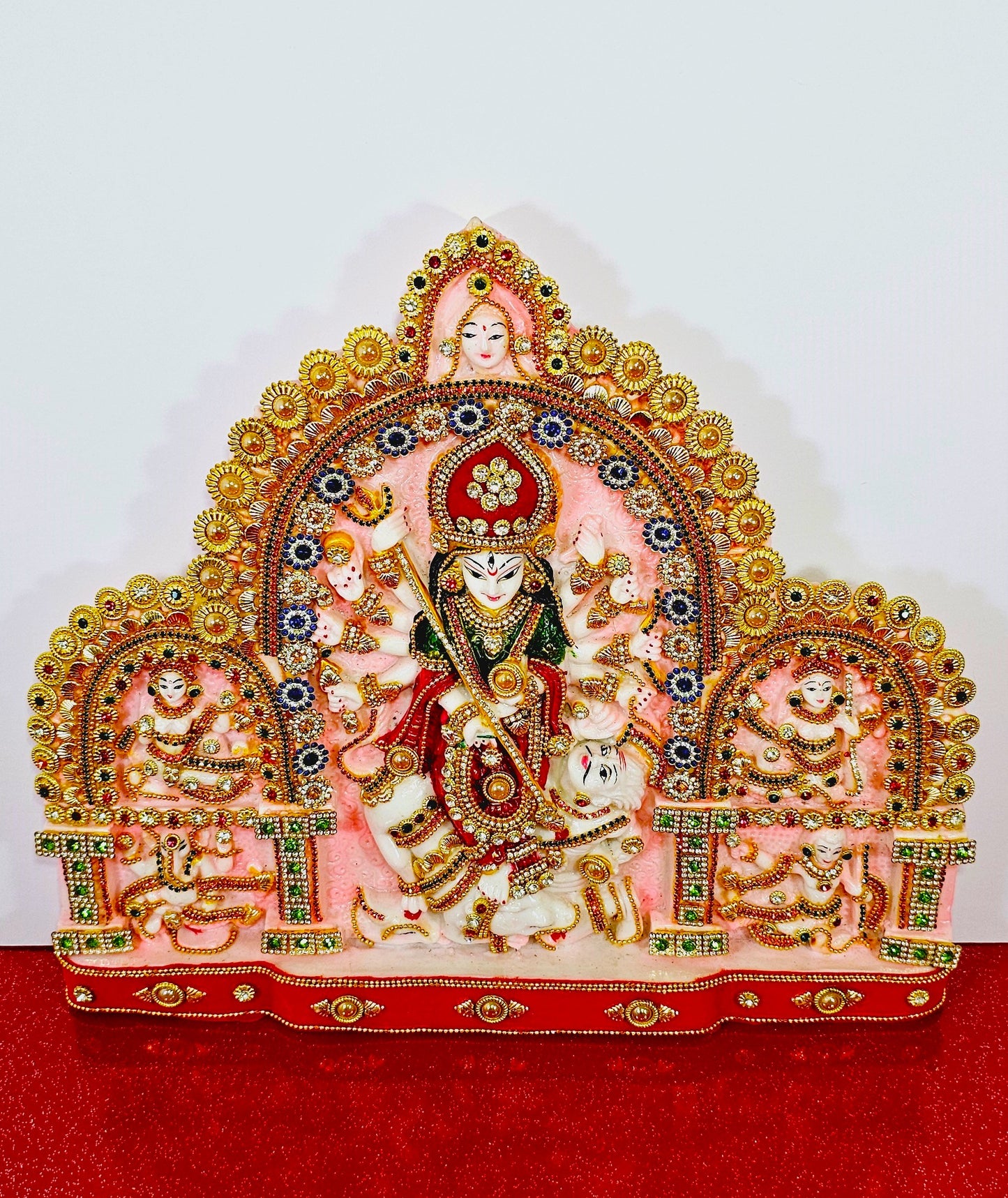 Rare Goddess Durga with Family , Stone Decorated Statue