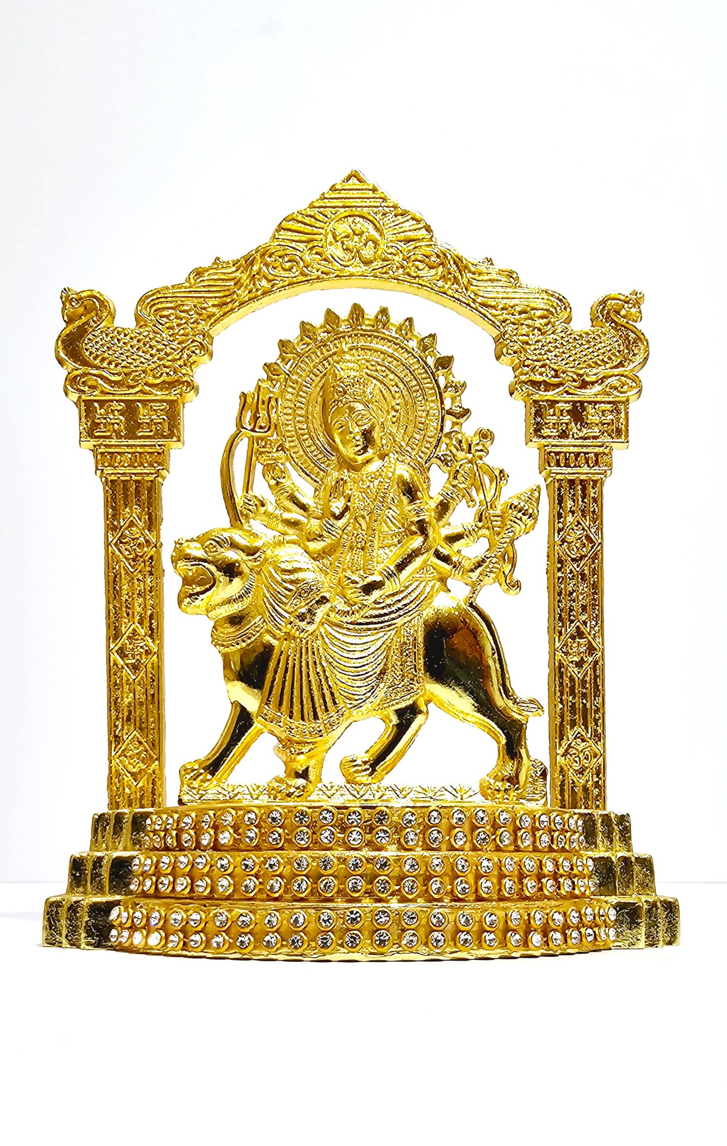 Rare 3D Goddess Durga ( Sherawali Mata ) Rare Stone Decorated, Gold Plated Idol Statue