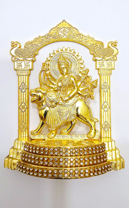 Rare 3D Goddess Durga ( Sherawali Mata ) Rare Stone Decorated, Gold Plated Idol Statue