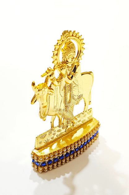 Lord Krishna , Rare Stone Decorated, Gold Plated Idol Statue