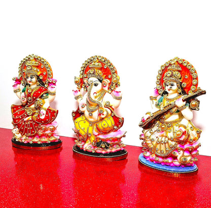 Rare Lord Ganesh , Goddess Lakshmi / Laxmi , Goddess Saraswati Stone Decorated Statue Set