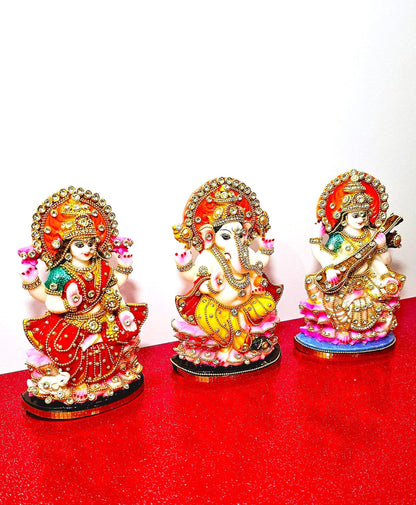 Rare Lord Ganesh , Goddess Lakshmi / Laxmi , Goddess Saraswati Stone Decorated Statue Set