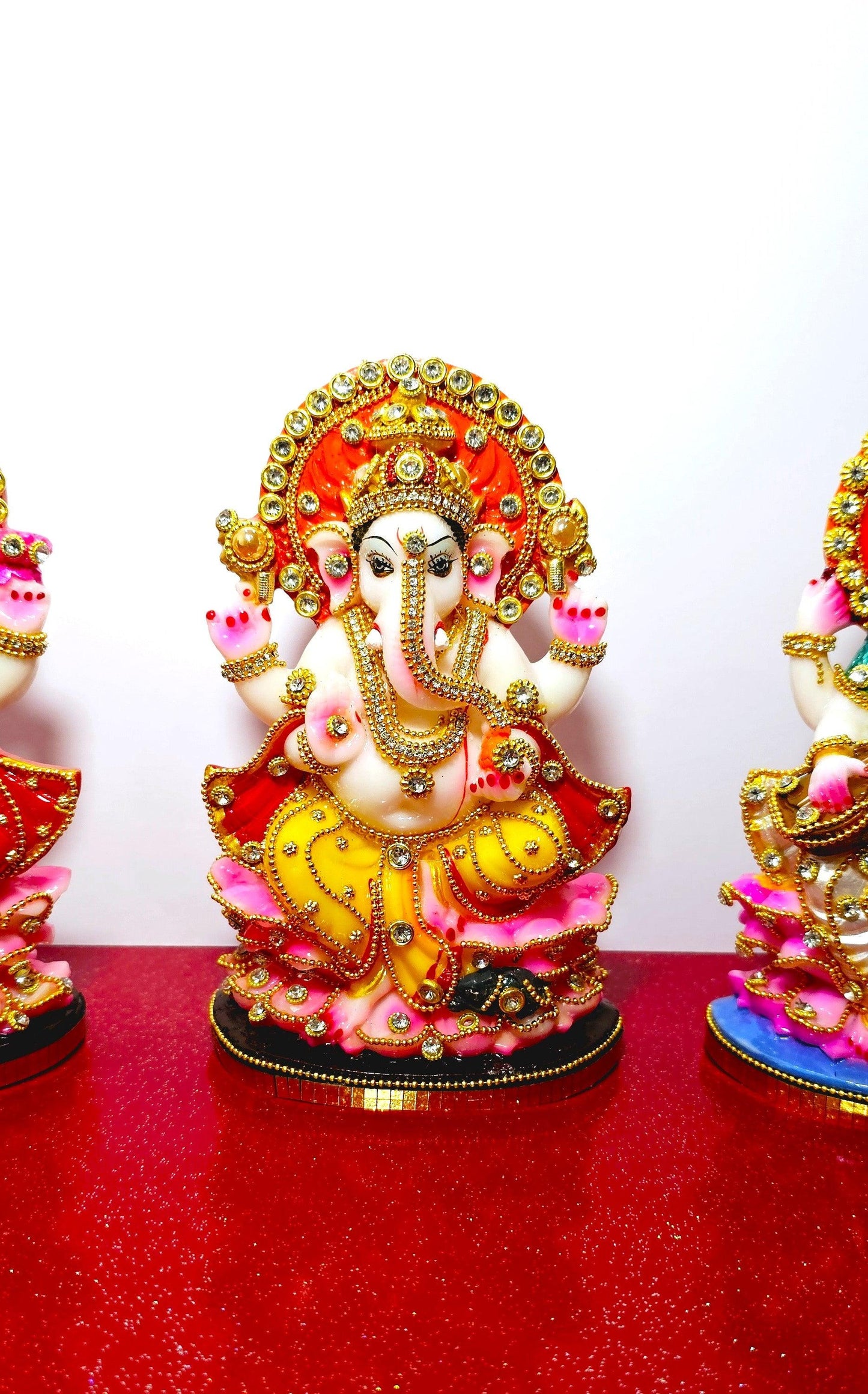 Rare Lord Ganesh , Goddess Lakshmi / Laxmi , Goddess Saraswati Stone Decorated Statue Set