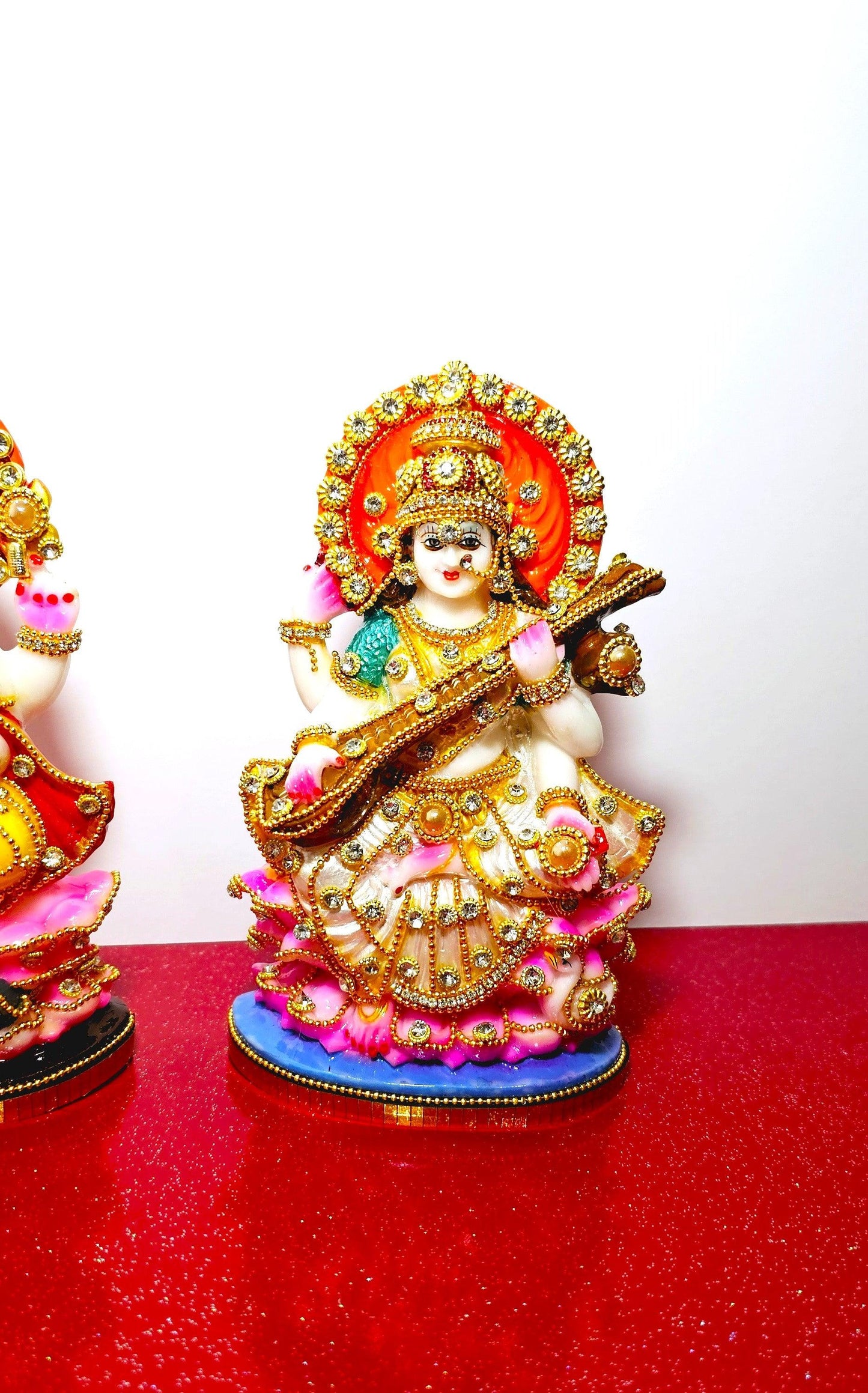 Rare Lord Ganesh , Goddess Lakshmi / Laxmi , Goddess Saraswati Stone Decorated Statue Set