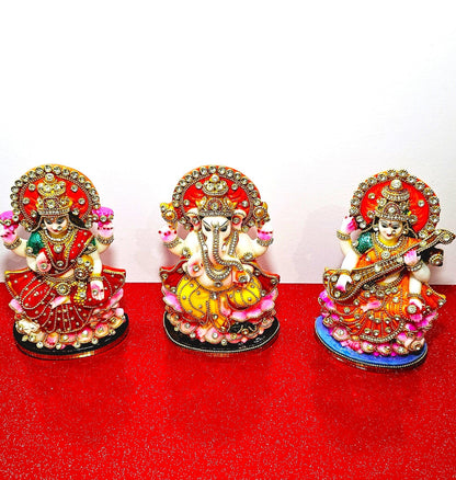 Rare Lord Ganesh , Goddess Lakshmi / Laxmi , Goddess Saraswati Stone Decorated Statue Set