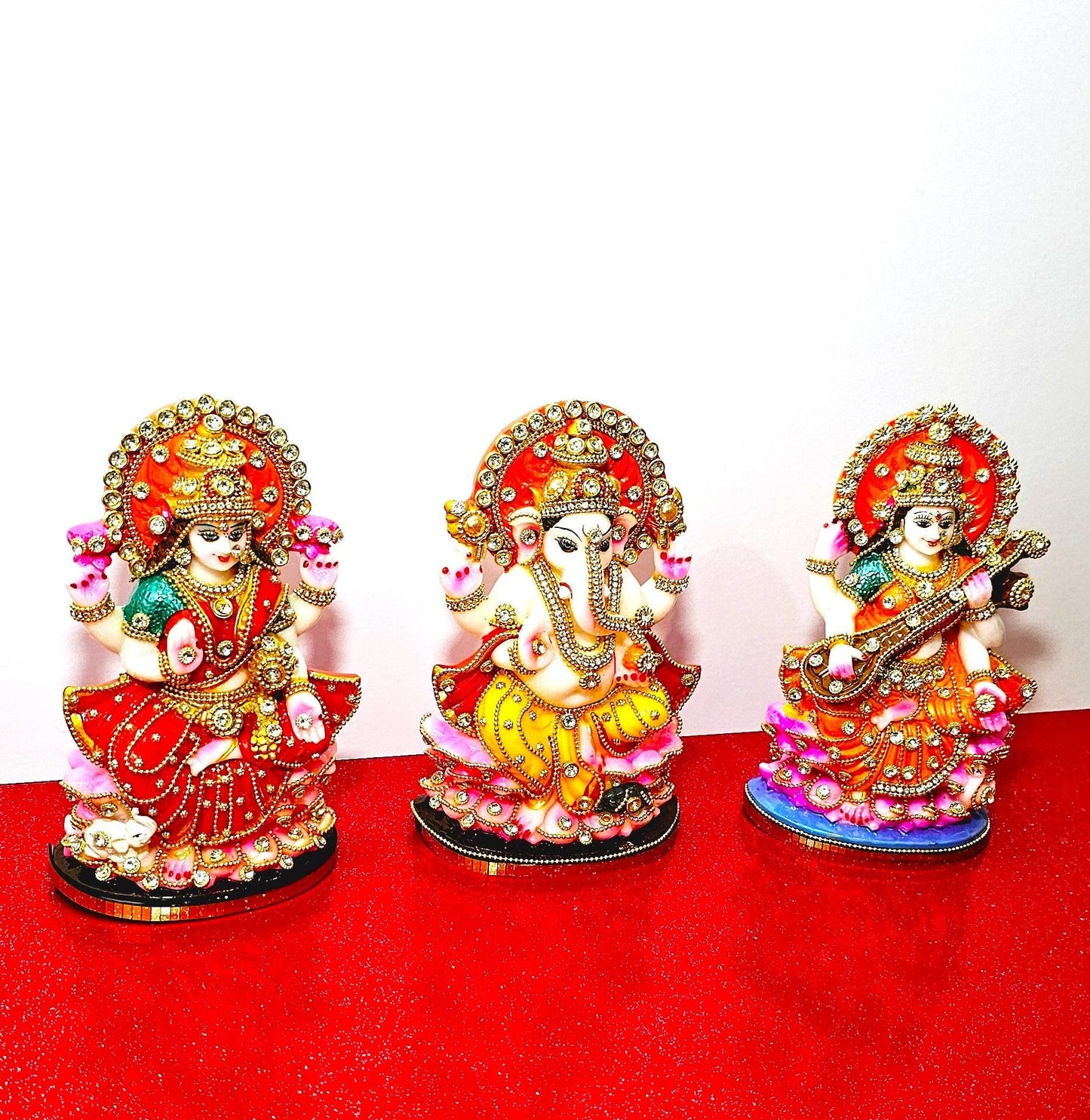 Rare Lord Ganesh , Goddess Lakshmi / Laxmi , Goddess Saraswati Stone Decorated Statue Set