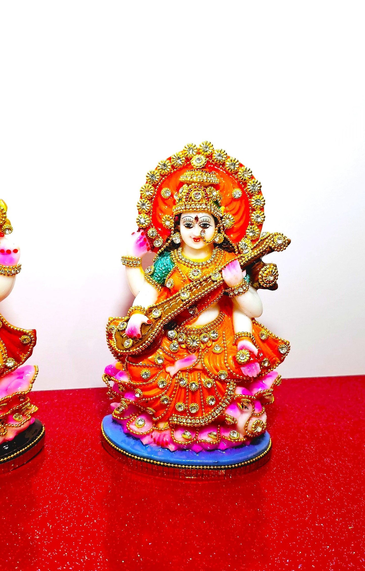 Rare Lord Ganesh , Goddess Lakshmi / Laxmi , Goddess Saraswati Stone Decorated Statue Set