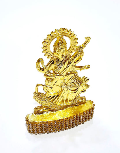 Saraswati Devi Rare Stone Decorated, Gold Plated Idol Statue