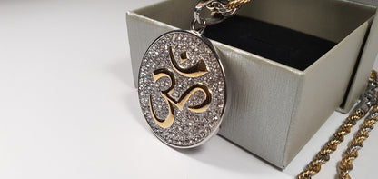 Hindu Om/Aum Silver + Gold Plated Pendent , 2 tone colour Chain with Gift Box