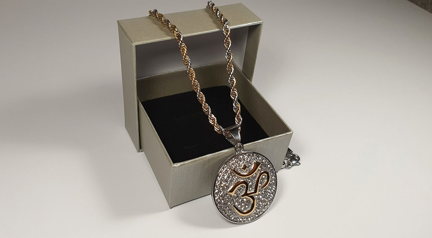 Hindu Om/Aum Silver + Gold Plated Pendent , 2 tone colour Chain with Gift Box