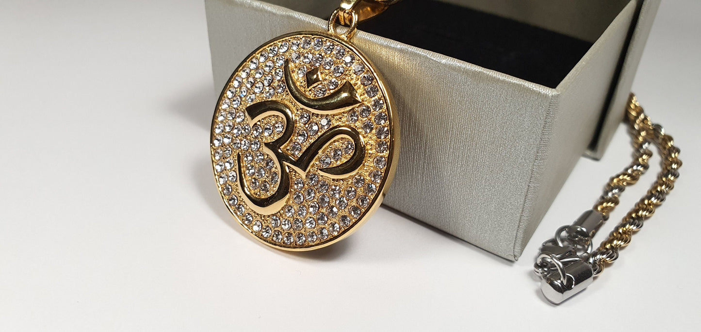 Hindu Om/Aum Silver + Gold Plated Pendent , 2 tone colour Chain with Gift Box