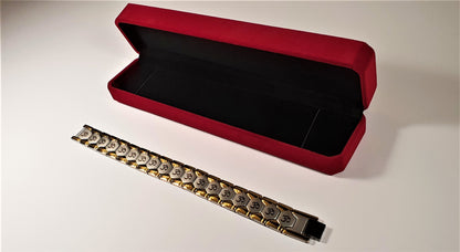 Hindu OM/AUM Logo 2 tone Silver + Gold Magnetic Bracelet with Luxury Gift Box