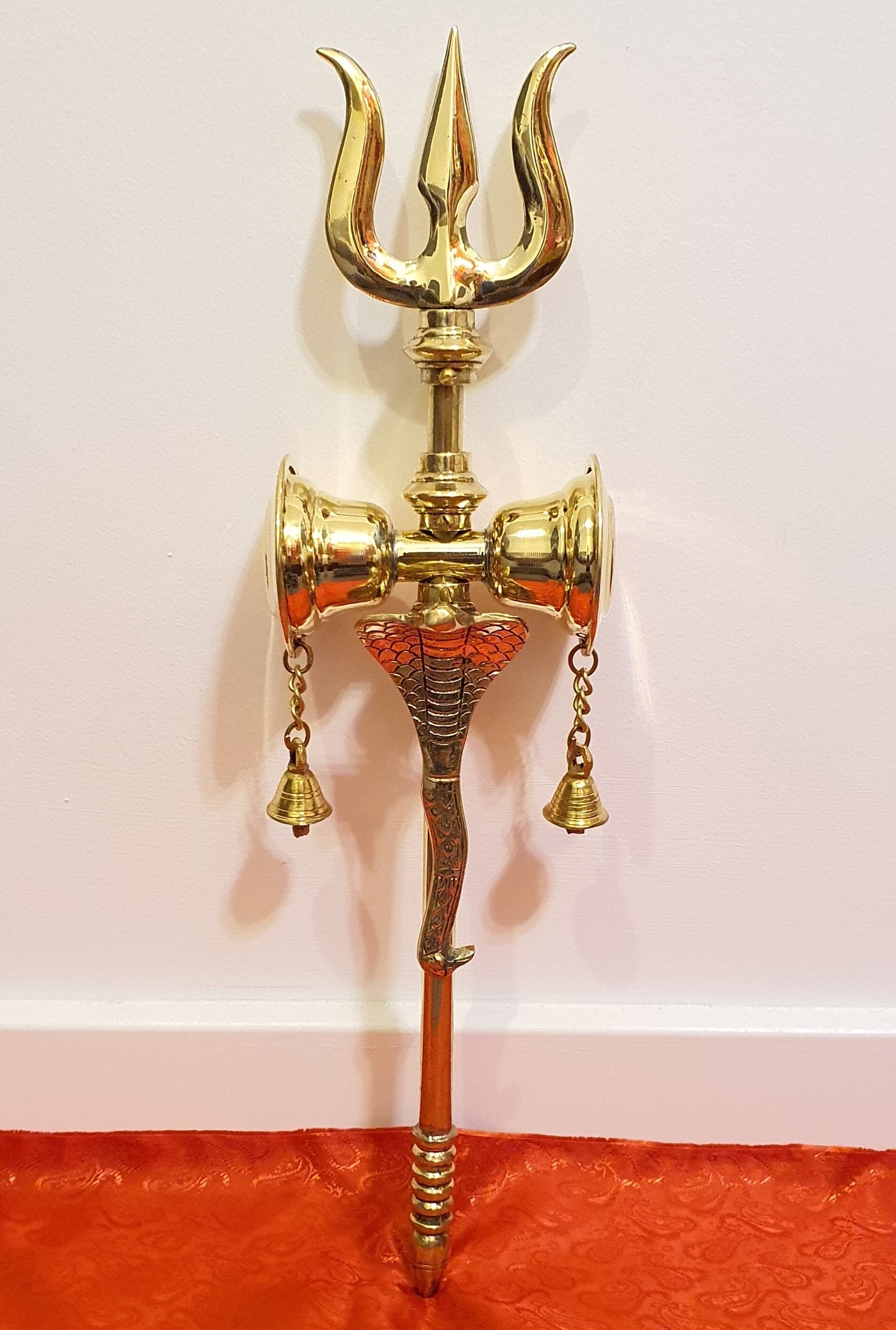 Lord Shiva 19 inch tall Brass Trishul ( Trident ) with Damaru and Snake ( Nag )