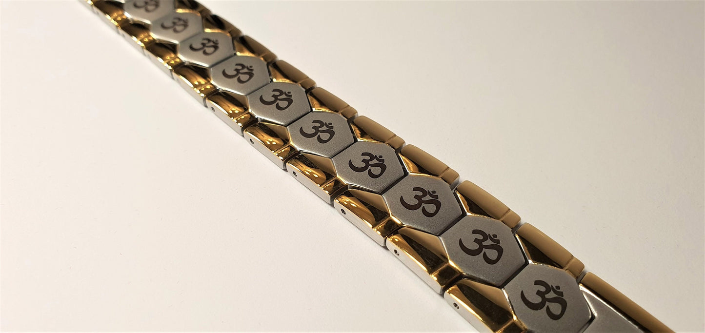 Hindu OM/AUM Logo 2 tone Silver + Gold Magnetic Bracelet with Luxury Gift Box