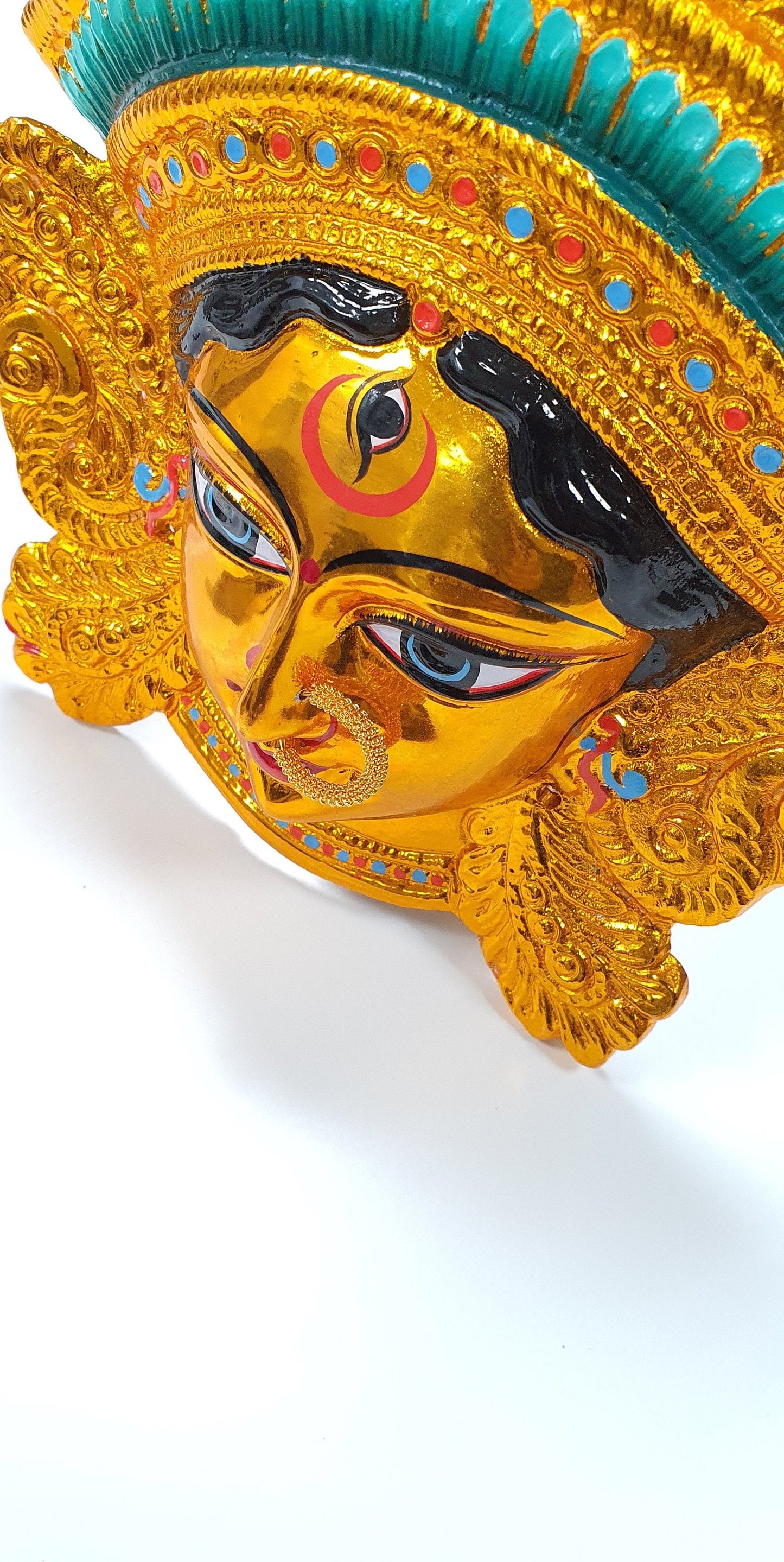 SIZE-M Goddess Durga ( Kali ) Rare Gold Chrome Wall Hanging Face With Nose Ring