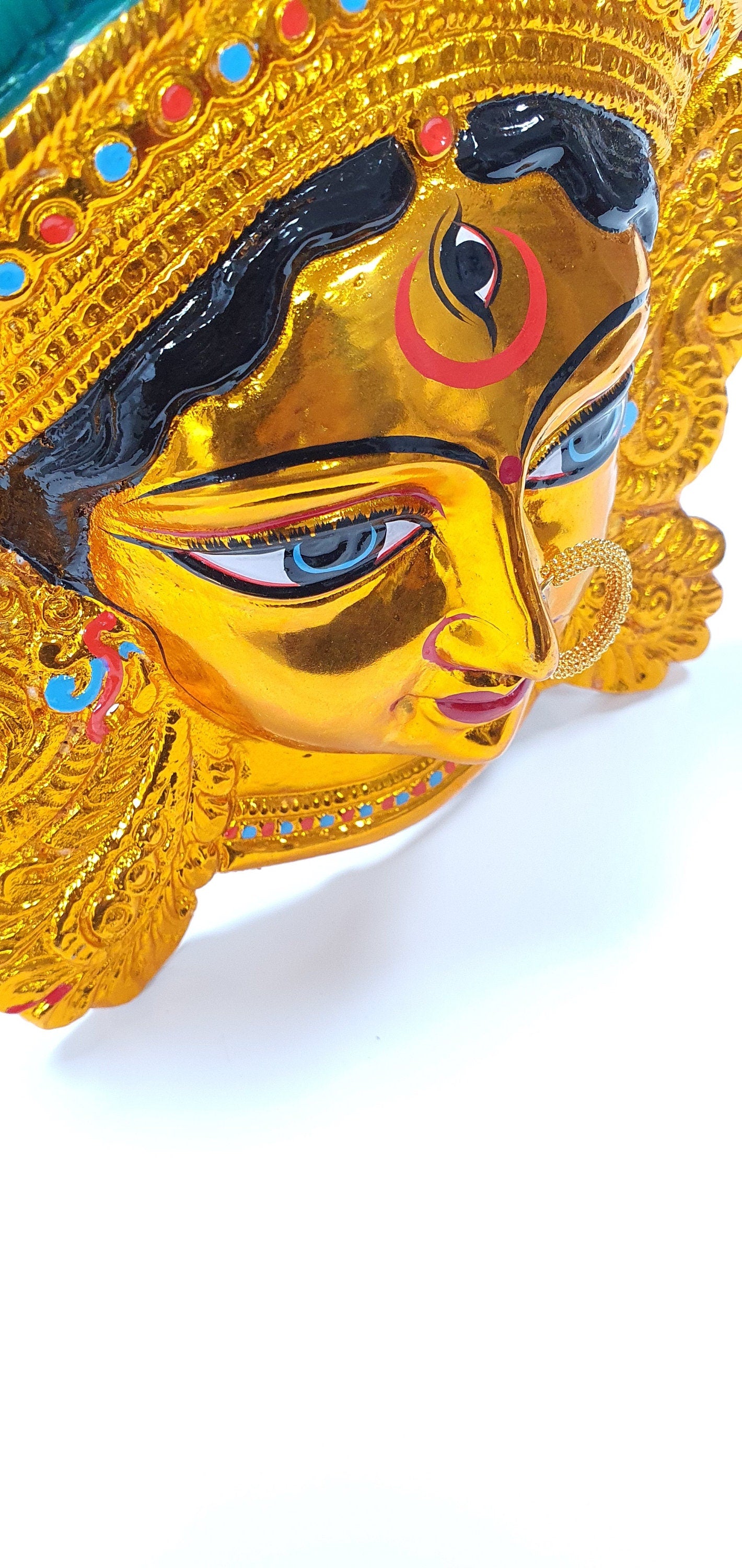 SIZE-M Goddess Durga ( Kali ) Rare Gold Chrome Wall Hanging Face With Nose Ring