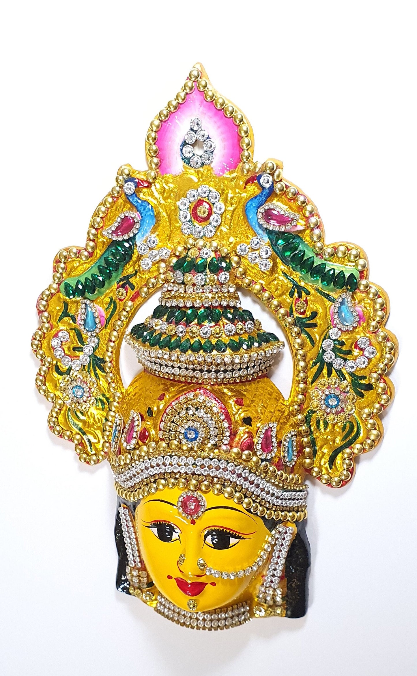 Goddess Lakshmi ( For Varalakshmi Pooja , Diwali or Wall Hanging ) Face , Stone decorated, Solid Alloy , Built to Last