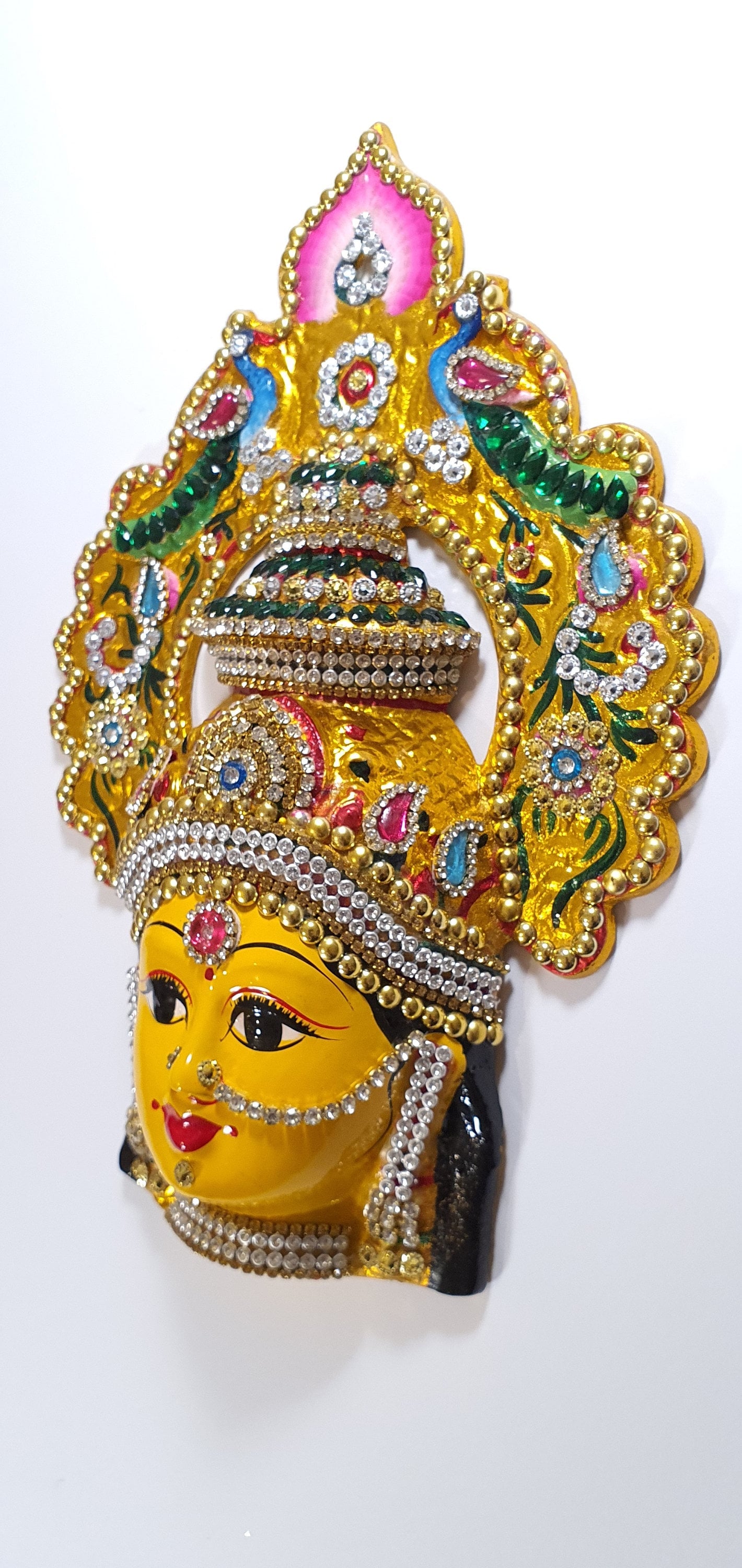 Goddess Lakshmi ( For Varalakshmi Pooja , Diwali or Wall Hanging ) Face , Stone decorated, Solid Alloy , Built to Last