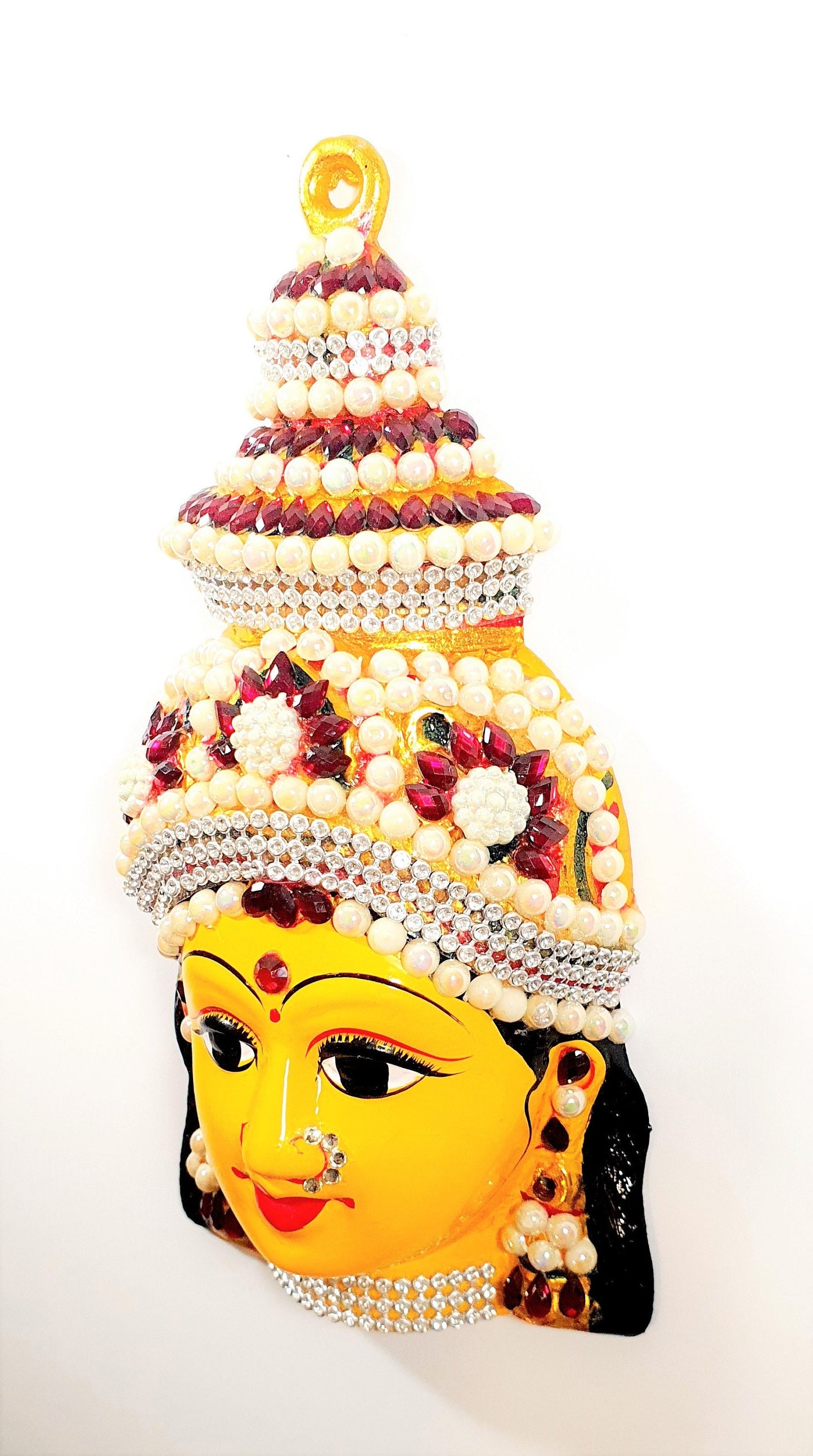 Goddess Lakshmi Stone Decorated ( For Varalakshmi Pooja , Diwali or Wall Hanging ) Face , Solid Alloy , Built to Last