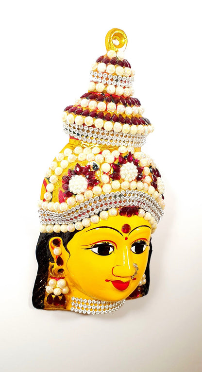Goddess Lakshmi Stone Decorated ( For Varalakshmi Pooja , Diwali or Wall Hanging ) Face , Solid Alloy , Built to Last