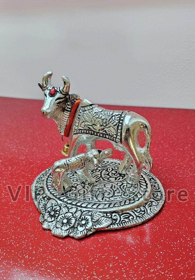 Kamdhenu Cow And Calf Statue , Silver Plated