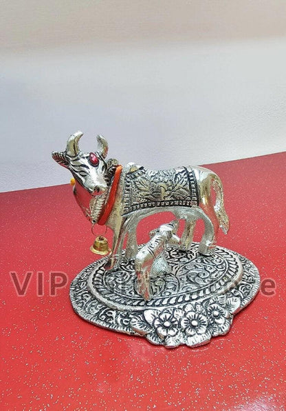 Kamdhenu Cow And Calf Statue , Silver Plated